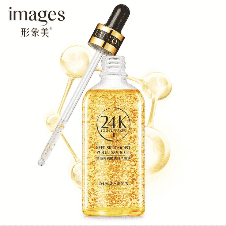 Bioaqua 24K Gold Flakes Ampoule Serum bottle, clear glass with golden dropper, showing suspended gold flakes.