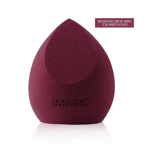 Imagic dry-wet makeup sponge in light pink, teardrop shape, with a soft texture.