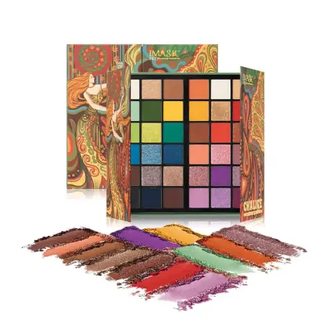 Imagic Chalice 36-color eyeshadow palette open, revealing a vibrant array of matte and shimmer shades.