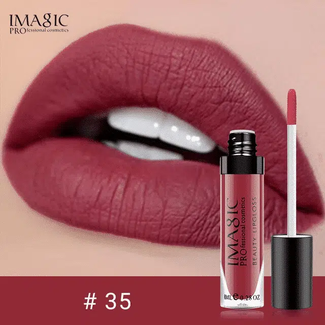 Imagic Liquid Matte Lipstick #35 in clear retail packaging, showing the deep berry tube.