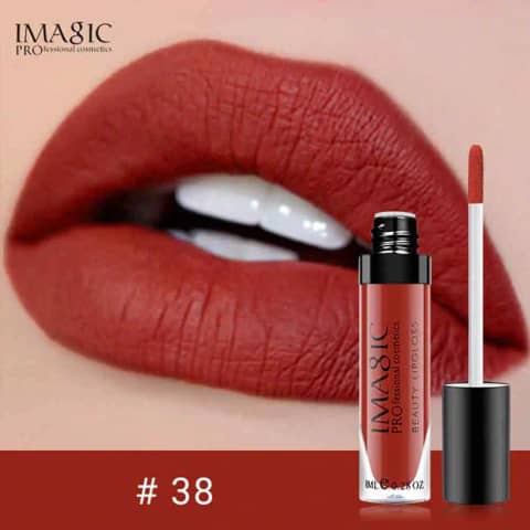Imagic Liquid Matte lipstick in shade 38, showing the full clear tube with black cap.