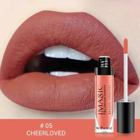 Imagic Liquid Matte lipstick shade 5 in a clear tube with black cap, displaying rich reddish-brown color.