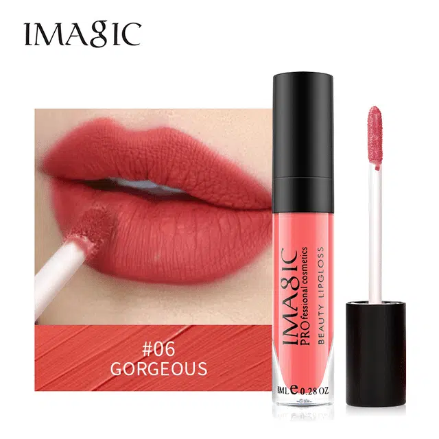 Imagic Liquid Matte Lipstick tube with sleek black design, revealing deep red shade 6.