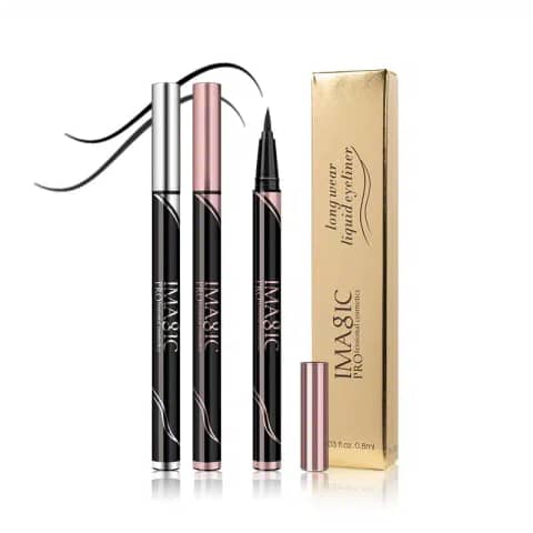 Sleek black Imagic Long Wear Liquid Eyeliner E01 tube, silver cap, clearly visible.