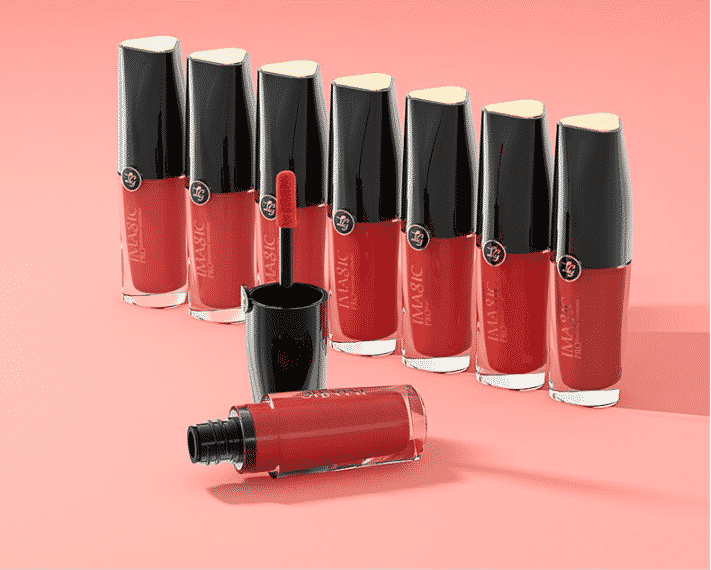 Imagic Rice Color liquid matte lipstick set showing multiple black tubes with various shades.