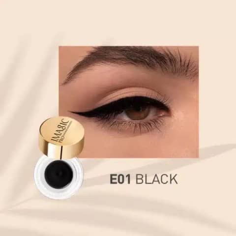 Imagic Waterproof Gel Eyeliner E01 Black with open pot, applicator brush, and product box.