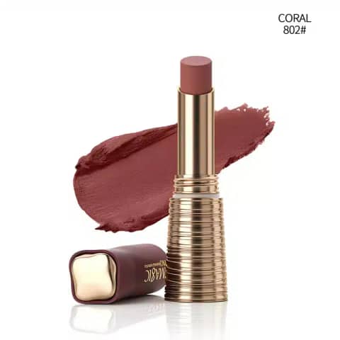 Imagic Waterproof Matte Long Lasting Lipstick 802 Coral in sleek black and gold packaging, standing upright.