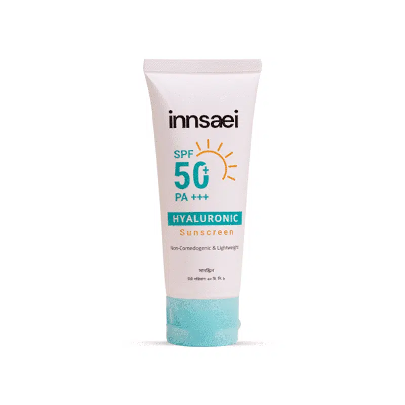 Innsaei Hyaluronic Sunscreen SPF 50+ PA+++ in a light blue tube with white cap, front view.