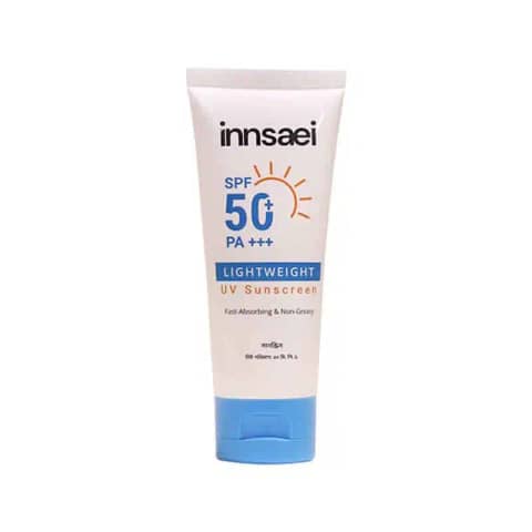 Innsaei Lightweight UV Sunscreen SPF 50+ PA+++ white tube with silver cap, upright.