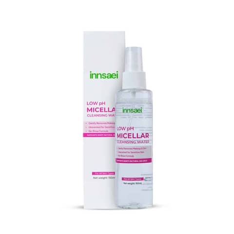 Innsaei Low pH Micellar Cleansing Water 150ml bottle, clear liquid visible, standing upright on white.