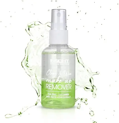 Insight Cosmetics Clean & Win green makeup remover in clear pump bottle, standing upright.