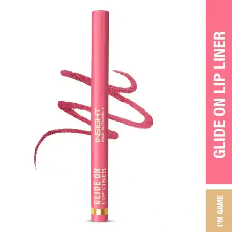 Insight Cosmetics Glide On Lip Liner in Iam Game 04, dark plum, with lid off revealing tip.