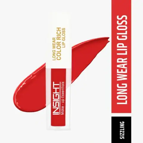 Insight Cosmetics Sizzling 02 lip gloss, full tube showing clear packaging and vibrant color.