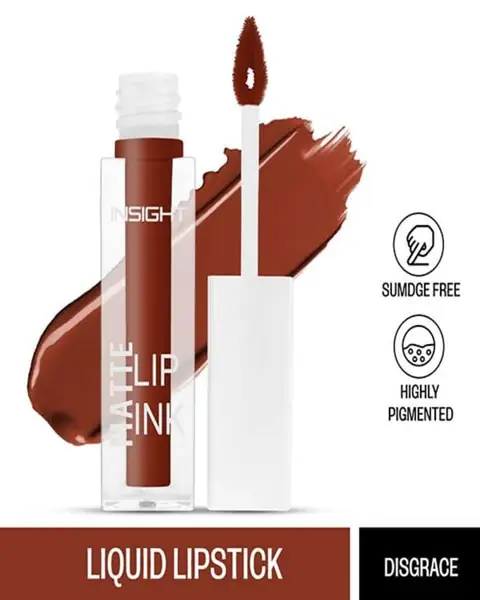 Insight Cosmetics Matte Lip Ink Lipstick in its sleek black tube with silver branding, standing upright.