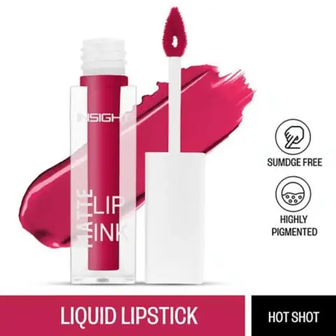 Insight Cosmetics Hot Shot 18 Matte Lip Ink lipstick with black packaging, metallic rose gold accents, and visible applicator.