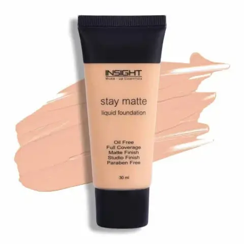 Insight Cosmetics Stay Matte Liquid Foundation Caramel 03 bottle, visible caramel liquid, white pump cap.