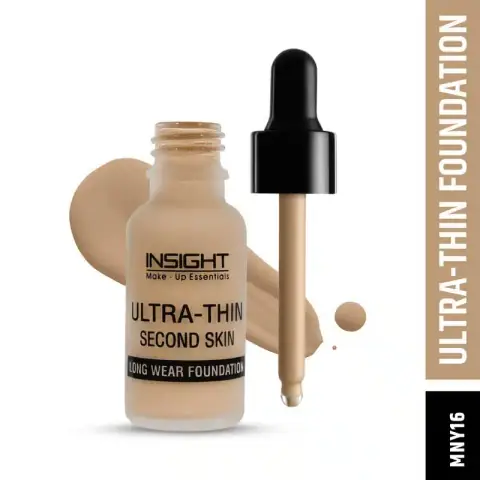 Insight Cosmetics Ultra Thin Foundation MNY16 20ml clear bottle with white pump dispenser, light beige shade.