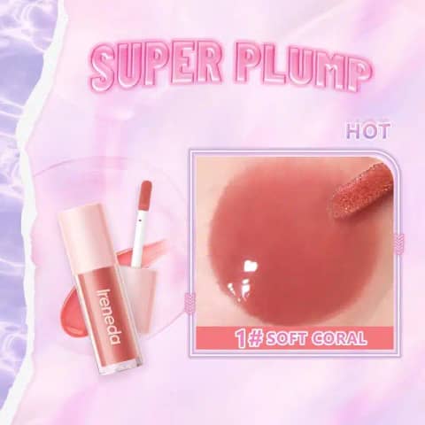 Ireneda Hi-shine Lip Gloss tube in 01 Soft Coral shade, clear with a reflective silver cap.