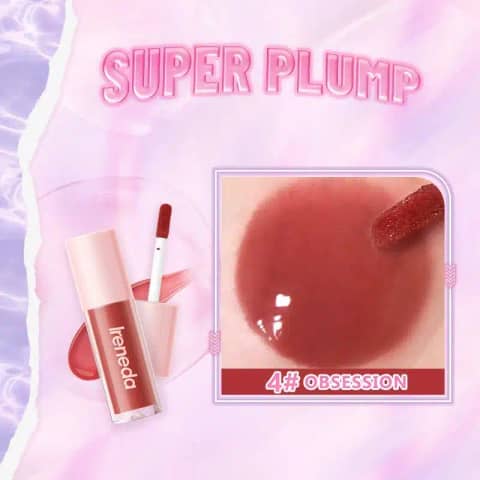 Ireneda Hi-shine Lip Gloss 04 OBSESSION clear tube, extended doe-foot applicator revealing its rich berry shade.