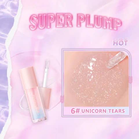 Ireneda Hi-shine Lip Gloss IR06 Unicorn Tears, clear tube with iridescent pink shimmer, applicator visible.