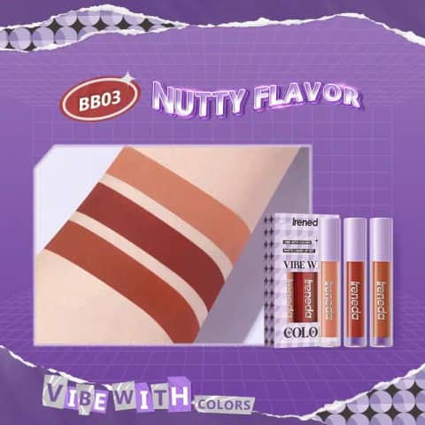 Three Ireneda Liquid Lipstick Matte Vibe tubes in distinct red, rose, and nude shades.