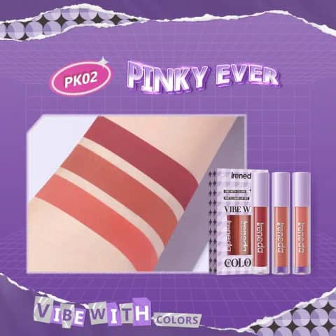 Ireneda Liquid Lipstick Matte Vibe 3pcs PK02 kit with three vibrant shades in clear tubes.