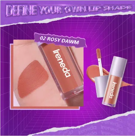 Ireneda Liquid Matte Lipstick 02 Rosy Dawn tube standing upright, showcasing clear packaging and metallic pink cap.
