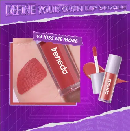 Ireneda Liquid Matte Lipstick 04 Kiss Me More, light pinkish-nude tube with metallic gold cap, standing upright.