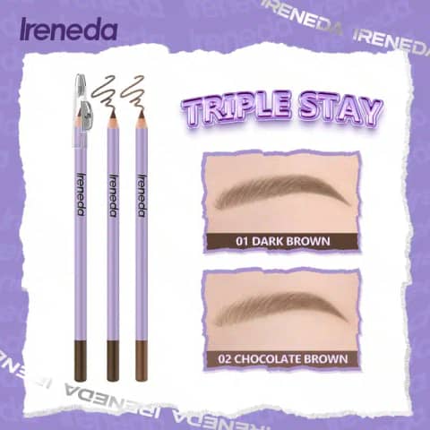 Two Ireneda Precision Eyebrow Pencils, chocolate brown, one capped, one showing angled crayon tip.