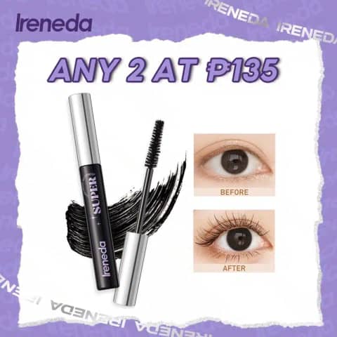Full view of Ireneda Waterproof Mascara black tube with silver lettering, standing upright.