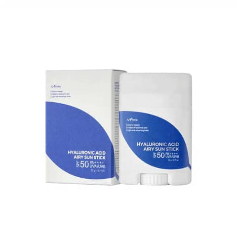 Isntree Hyaluronic Acid Airy Sun Stick, light blue tube with cap off, showing white solid SPF50+ product.