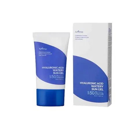 Isntree Hyaluronic Acid Watery Sun Gel SPF50+ PA++++, light blue tube, standing upright showing front label.