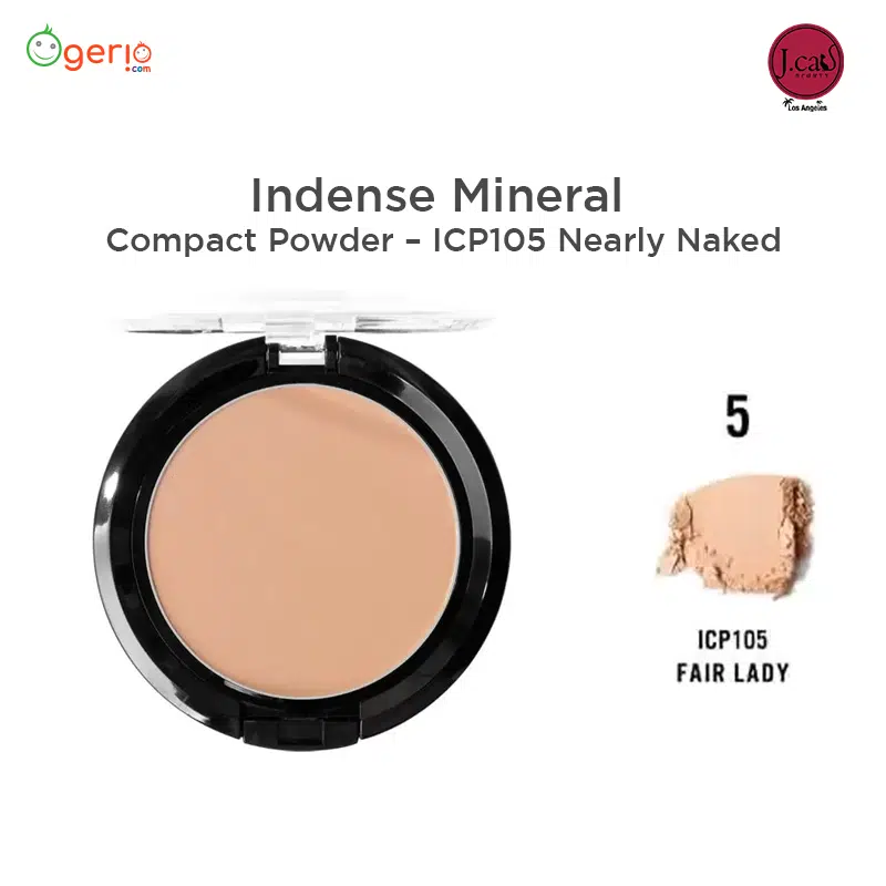 JCat Beauty Indense Mineral Compact Powder in a sleek closed round black case, front angle.