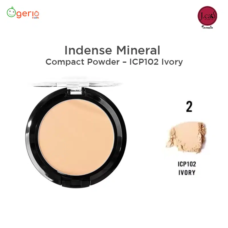 JCat Beauty Indense Mineral Compact Powder ICP102 Ivory in a round clear-lid compact, front view.