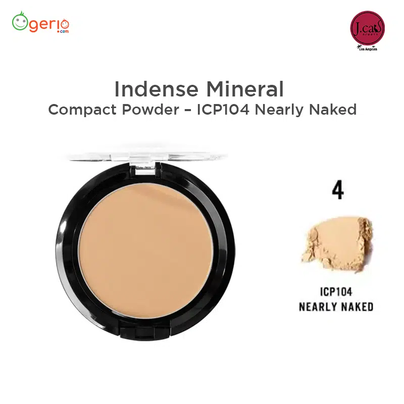 JCat Beauty Indense Mineral Compact Powder, Nearly Naked shade, open sleek black case with mirror.
