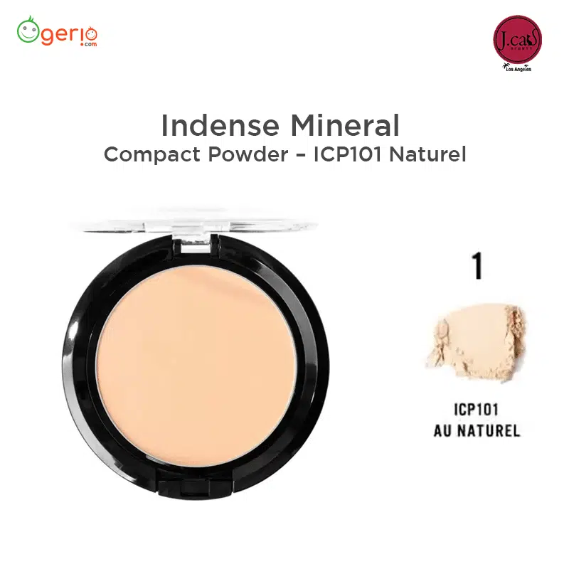 JCat Beauty Indense Mineral Compact Powder ICP101 Naturel in its sleek black and gold case.