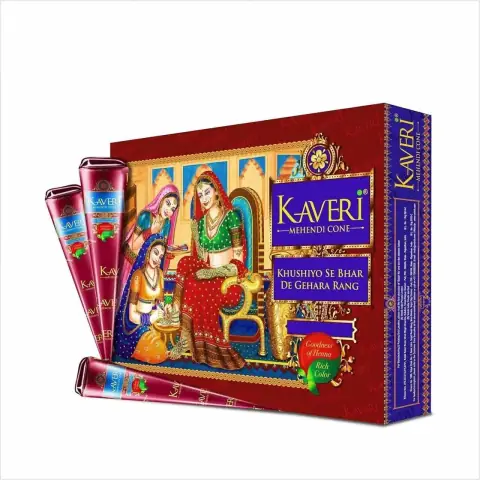 Full pack of 12 Kaveri Mehendi cones in white branded box, ready for use.
