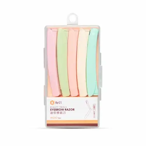 Five Keli mini eyebrow razors in their clear blister pack, featuring pink handles and safety caps.