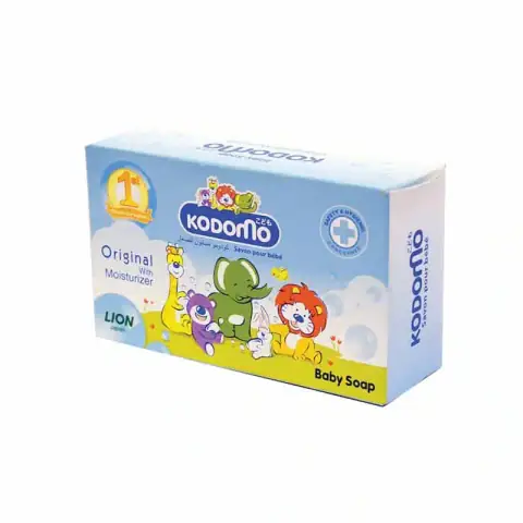 Front view of Kodomo New Born baby soap, 75gm, in its distinctive yellow and white package.