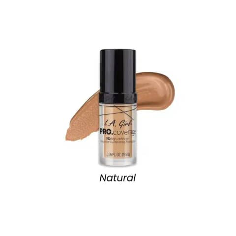 LA Girl Pro Coverage Illuminating Foundation in Natural (28ml), clear bottle with white pump.