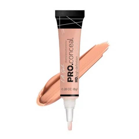 LA Girl Pro Concealer Peach Corrector 8gm tube with visible brush applicator, angled against white.