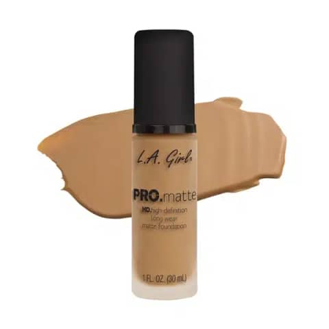LA Girl Pro Matte Foundation Medium Beige, 30ml clear bottle with black pump and cap.