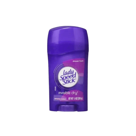 Lady Speed Stick Invisible Dry Shower Fresh deodorant, white stick with clear blue cap, front view.