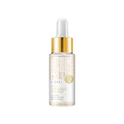 Laikou 24K Gold Serum bottle standing upright, revealing the precious gold flakes inside.
