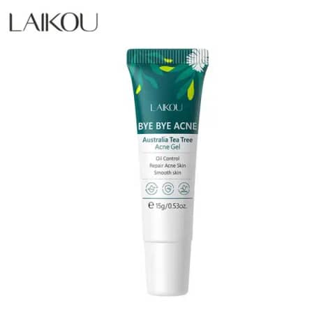 Laikou Bye Bye Acne Tea Tree Gel 15g, a vibrant light green tube, standing upright.