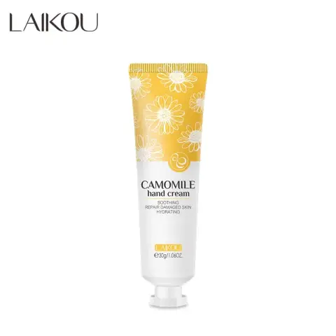 Laikou Camomile Hand Cream 30g tube, white packaging with yellow cap and chamomile flower graphic.