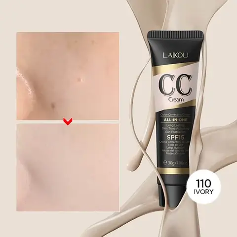 Full view of Laikou CC Cream SPF15 Ivory 110 white tube with gold cap, upright on white.