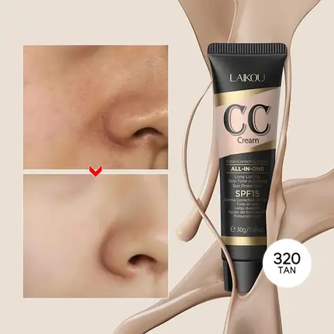 Laikou CC Cream SPF15 TAN 320 full-size tube with a mini applicator brush on white background.