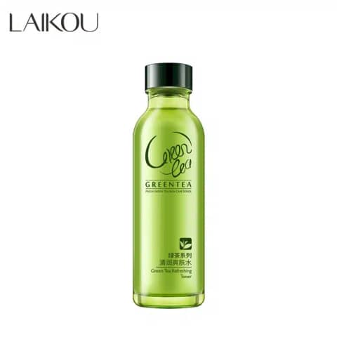 Laikou Green Tea Refreshing Toner 140ml bottle, clear green liquid, white pump dispenser visible.