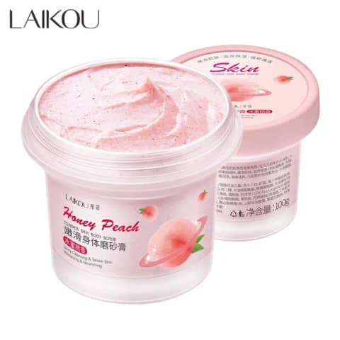 Laikou Honey Peach Body Scrub 190g, pink jar with white lid and peach design.